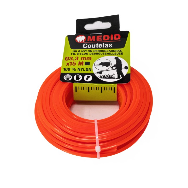 Fil de débroussailleuse carré en nylon rouge - MEDID, 3,3 mm x 15 m